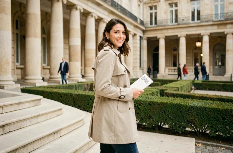 Femme souriante tenant un agenda culturel devant les colonnes du Palais-Royal à Paris