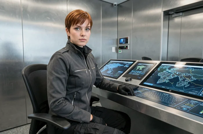 Actrice rousse en veste militaire dans une salle de commandement high-tech, ambiance super-héroïne Avengers