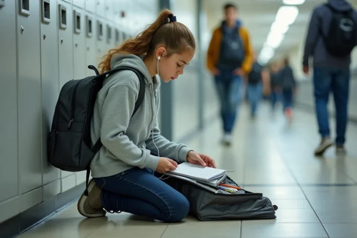Adolescente cherchant un objet dans son sac scolaire dans un couloir d'école, illustrant les situations du quotidien où Rabbit Finder peut être utile