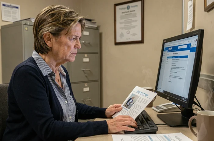 Agente administrative consultant un guide imprimé pour apprendre à utiliser Mélanie2Web sur son poste de travail institutionnel
