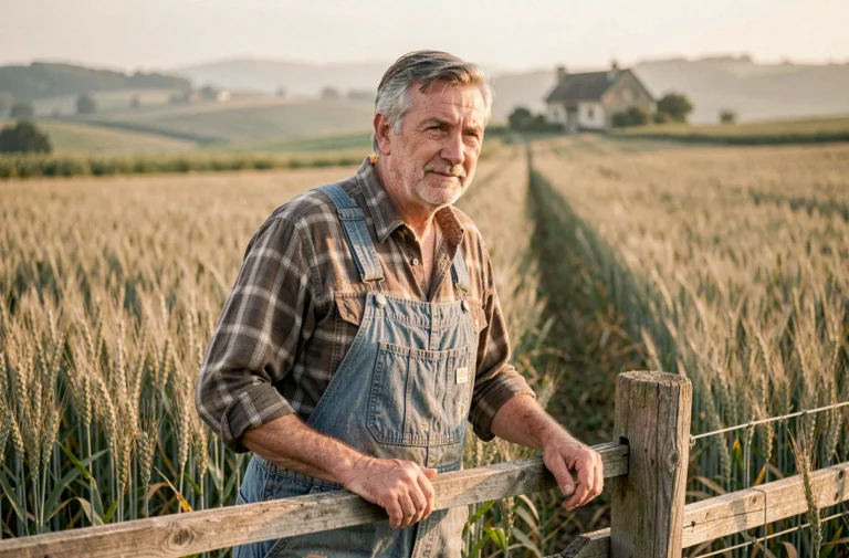 Agriculteur français d'âge mûr appuyé sur une clôture en bois au bord d'un champ de blé, illustrant le métier d'agriculteur en milieu rural