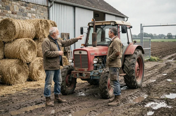 Deux agriculteurs discutant près d'un tracteur rouge dans une cour de ferme française, illustrant les différences entre agriculteur exploitant et fermier locataire
