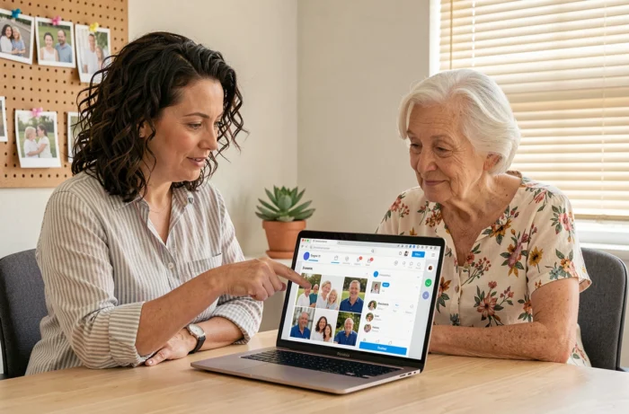 Fille aidant sa mère senior à se connecter à son compte Famileo sur un ordinateur portable