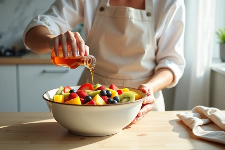 Femme versant un liquide ambré sur une salade de fruits colorée dans un bol en céramique sur un comptoir en bois