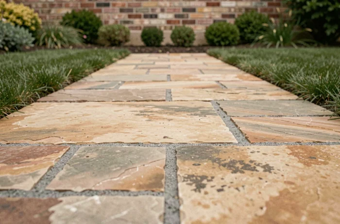 Allée de jardin en dalles de grès naturel avec joints sablés et bordures de gazon bien entretenus