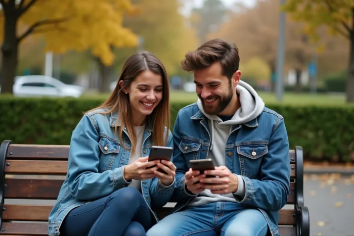 Deux amis comparant des smartphones dans un parc urbain pour vendre leurs anciens téléphones en ligne