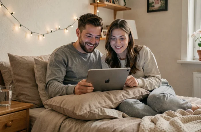 Deux amis regardant un film en streaming sur tablette dans une chambre cosy