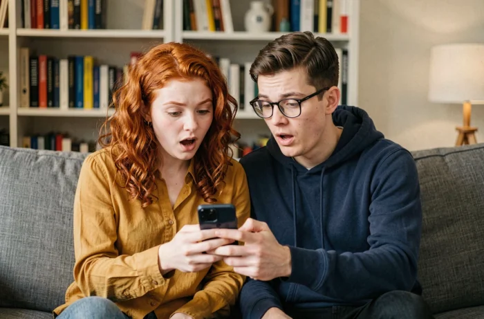 Deux amis surpris regardant un téléphone pour comprendre une exclusion d'un groupe WhatsApp