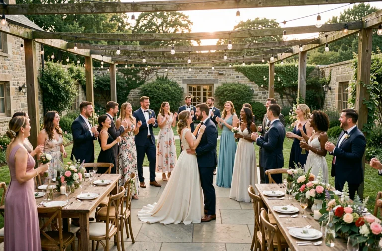 Groupe de mariés et invités qui dansent lors d'une réception de mariage en plein air dans un domaine rustique décoré de fleurs et de guirlandes lumineuses