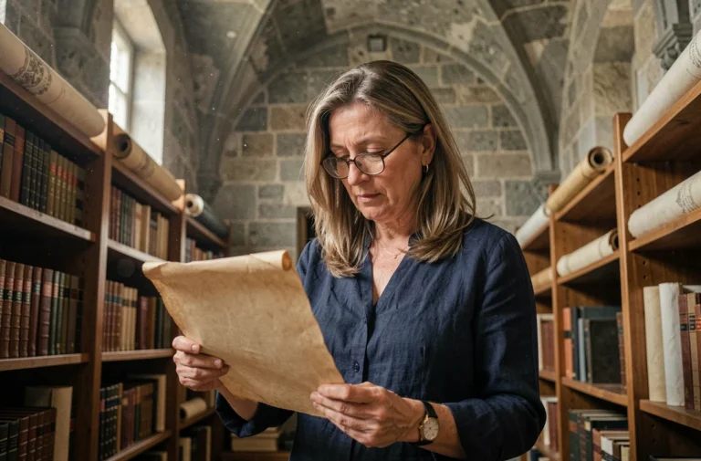 Femme examinant un document historique dans une archive médiévale française en pierre