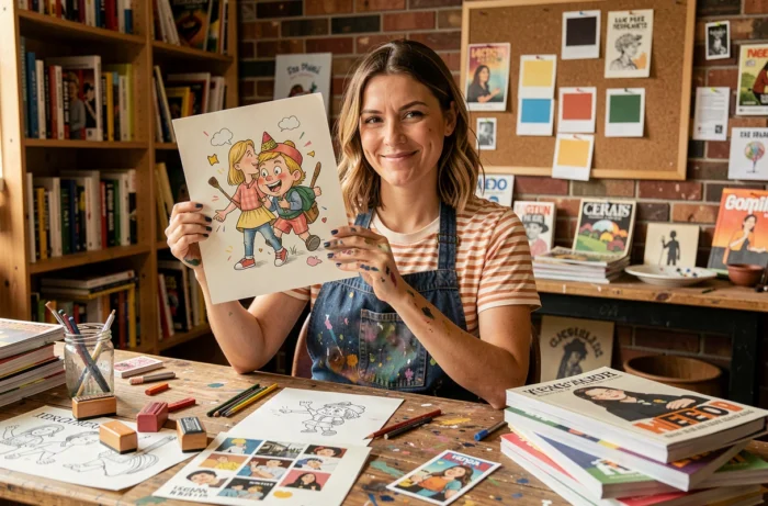 Artiste femme dans son atelier créatif tenant une illustration humoristique entourée de magazines et collages faits main