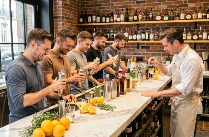 Groupe d'hommes apprenant à préparer des cocktails lors d'un atelier mixologie dans le quartier Bastille à Paris
