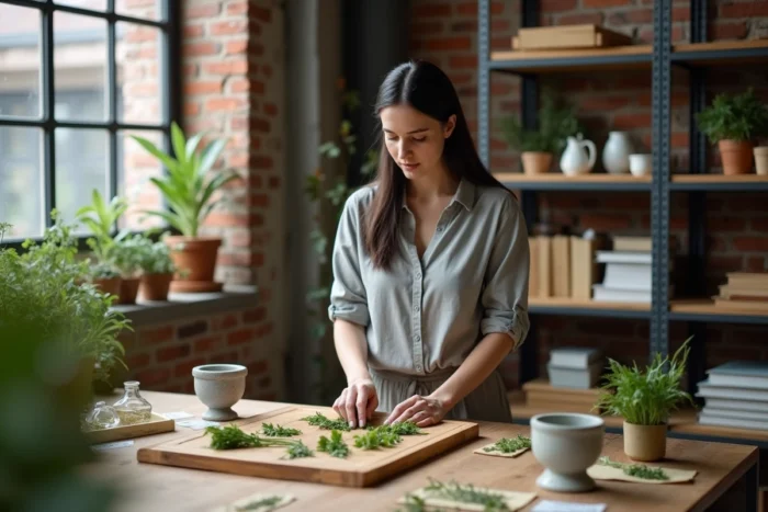 Étudiante en naturopathie manipulant des plantes médicinales lors d'un atelier pratique dans une école de formation agréée