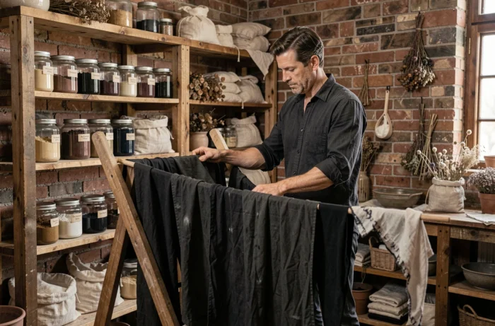 Artisan disposant des vêtements teints en noir naturellement sur un séchoir dans un atelier de teinture durable