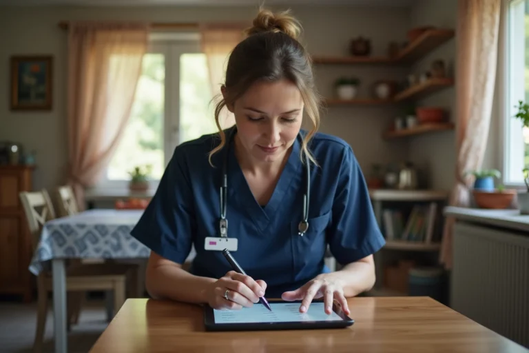 Auxiliaire de vie utilisant une tablette avec le logiciel Philia ADMR chez un bénéficiaire à domicile