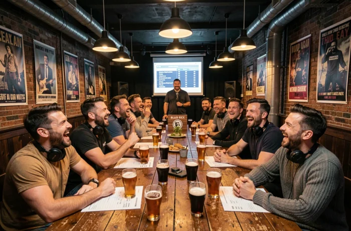 Groupe d'hommes participant à un blind test musical géant dans un bar-concept parisien