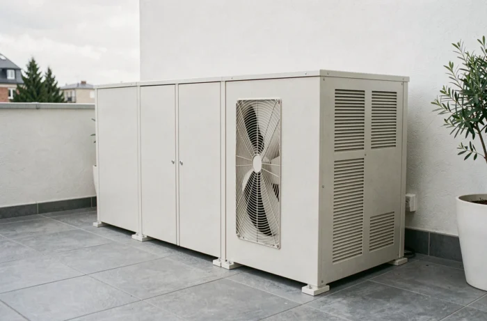 Caisson acoustique terminé installé autour d'un compresseur de climatisation sur une terrasse résidentielle urbaine