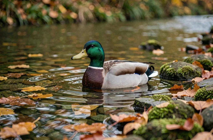 Canard colvert mâle sauvage nageant sur une rivière en automne, représentant la durée de vie et l'habitat naturel d'un canard sauvage