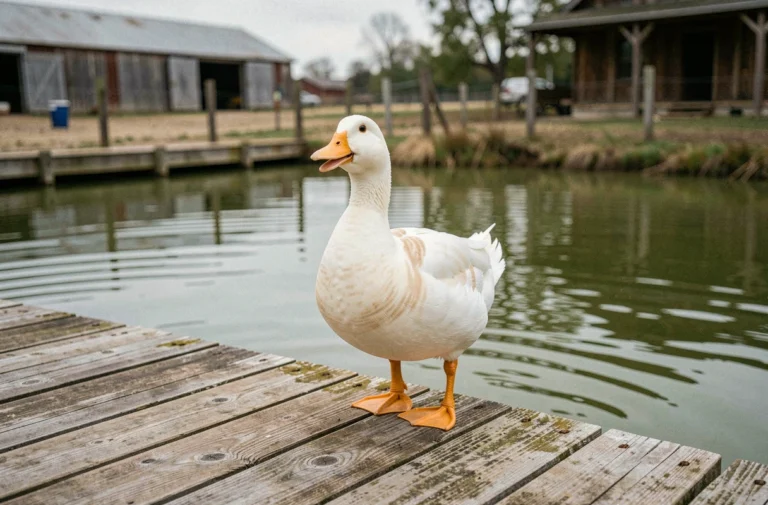 Canard de Pékin adulte posé sur un ponton en bois au bord d'un étang de ferme, illustrant la vie domestique et la longévité d'un canard domestique