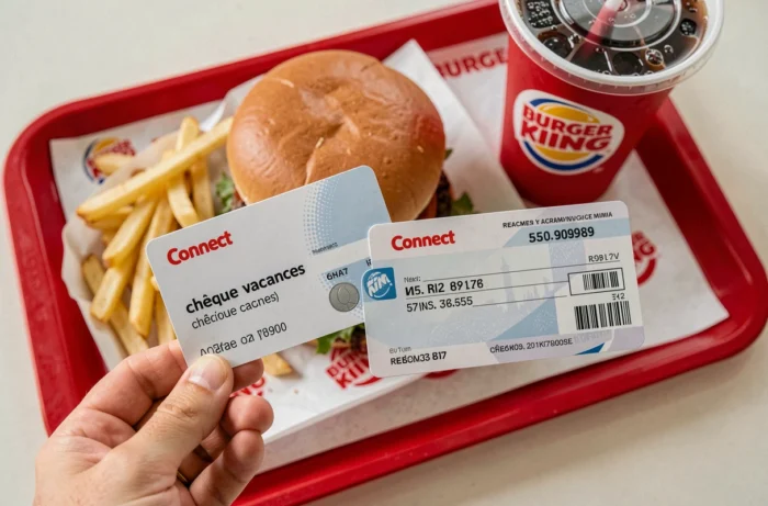 Carte chèques vacances Connect et chèque papier posés sur un plateau repas Burger King
