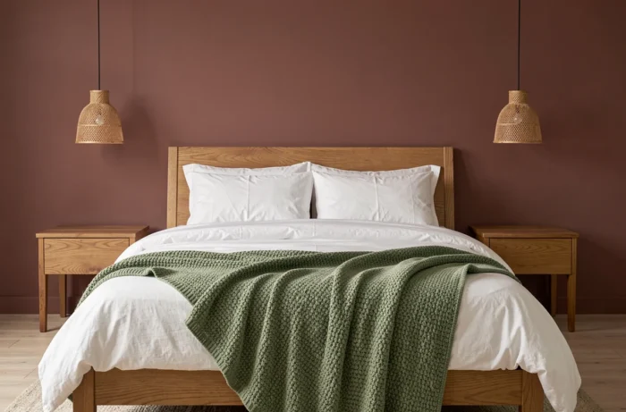 Chambre contemporaine avec literie en coton biologique, couverture en tricot vert sauge et mur teinte rose argile pour une décoration tendance