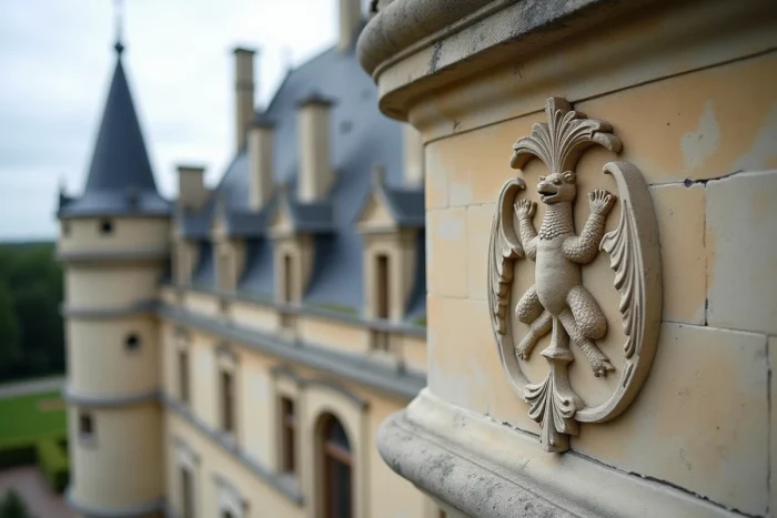 Détail architectural de la salamandre sculptée et des ornements en pierre du Château de Chambord, symbole de la valeur historique du monument
