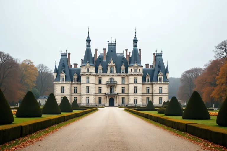 Vue grand angle du Château de Chambord depuis les jardins formels en automne, illustrant la valeur patrimoniale exceptionnelle du monument