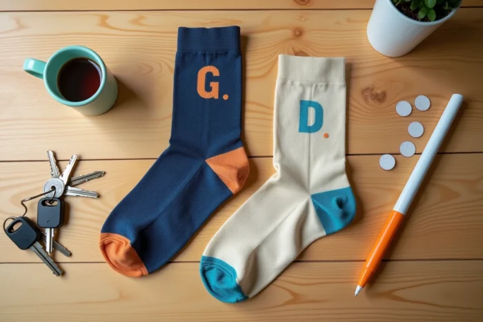 Chaussettes gauche et droite marquées au feutre textile posées à plat sur une table en bois, astuce simple pour les distinguer facilement