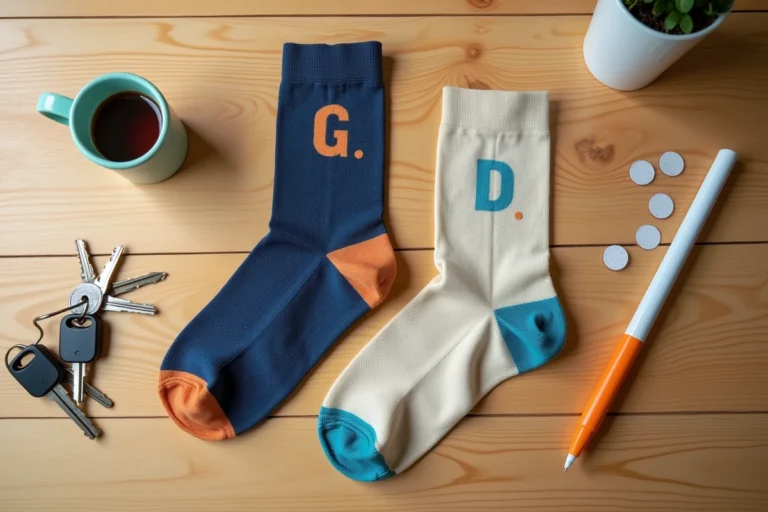 Chaussettes gauche et droite marquées au feutre textile posées à plat sur une table en bois, astuce simple pour les distinguer facilement