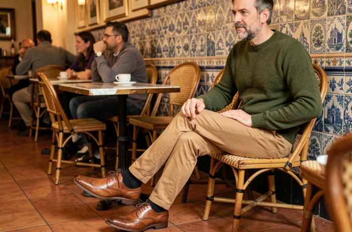Homme en chinos camel et chaussures derby cognac d'une marque française dans un bistrot parisien