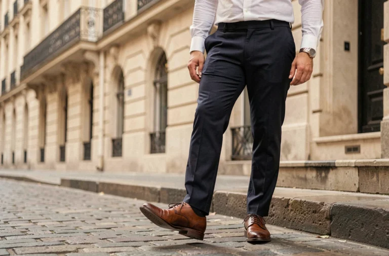 Homme élégant portant des chaussures Oxford en cuir d'une marque française sur les pavés de Paris