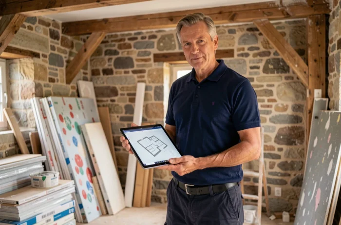 Chef de projet en rénovation consultant une tablette numérique dans une maison ancienne en pierre dans le Cher