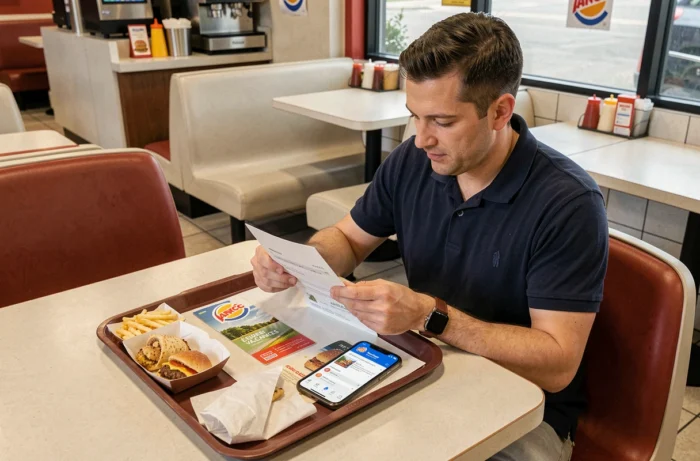 Homme consultant son livret de chèques vacances et l'application ANCV dans un Burger King