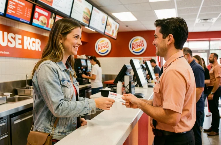 Jeune femme remettant un chèque vacances à la caisse d'un Burger King