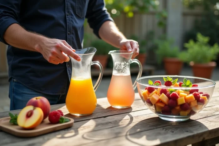 Homme comparant un pichet de jus d'orange et un pichet de vin rosé à côté d'une salade de fruits d'été sur une table de jardin rustique