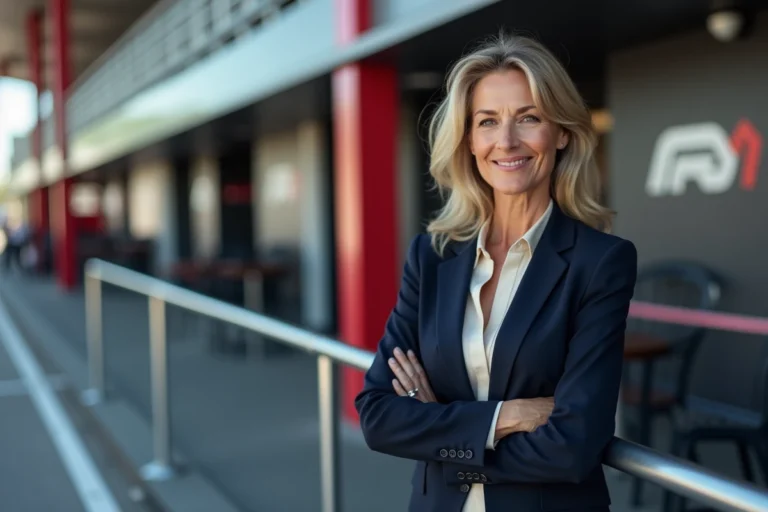 Portrait élégant d'une femme influente dans le paddock de Formule 1, blazer marine et chemisier en soie, ambiance haut de gamme motorsport