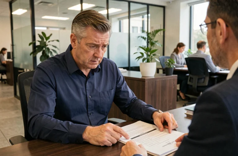 Un client et un conseiller bancaire examinent un contrat de prêt immobilier dans une agence moderne, discutant des conditions de remboursement anticipé