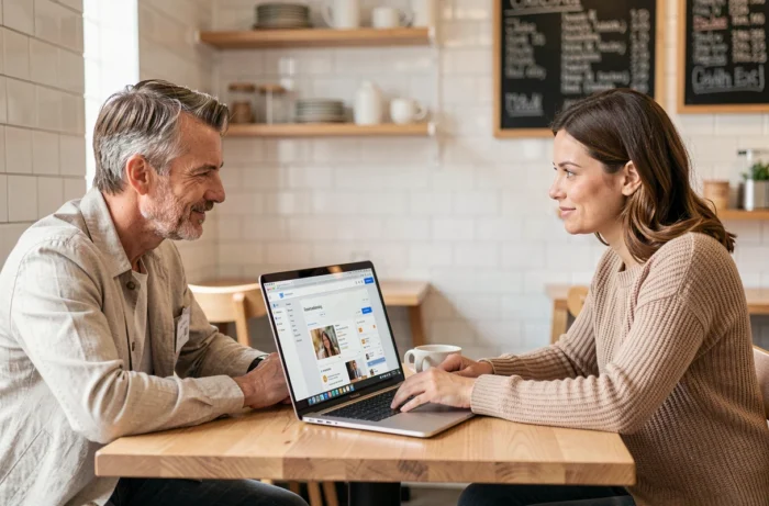 Deux professionnels collaborant sur le développement de leur activité sur une plateforme web dans un café urbain