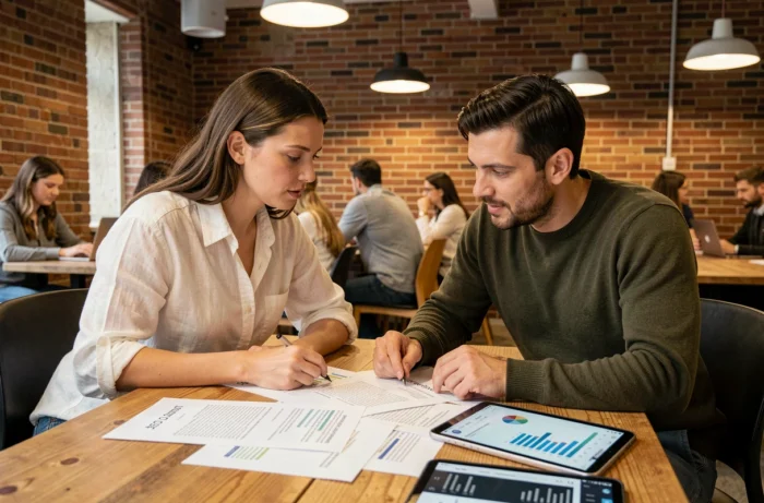 Deux collègues examinant un audit SEO complet avec des rapports imprimés et un tableau de bord web dans un espace de coworking