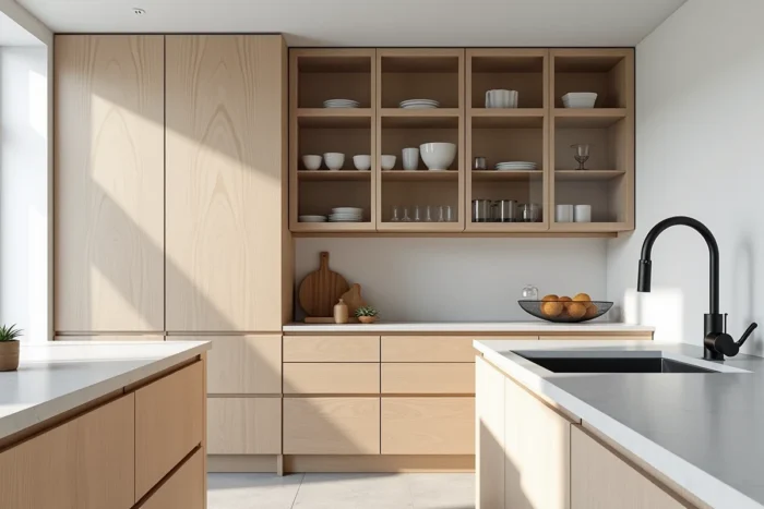 Colonne d'angle du sol au plafond optimisant une petite cuisine scandinave avec tiroirs et portes vitrées