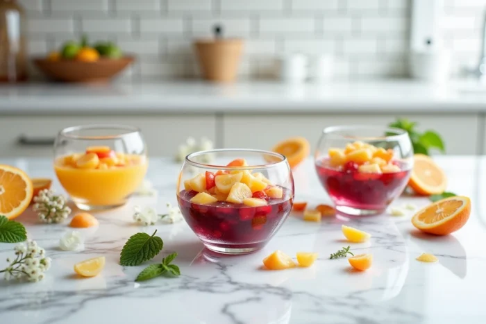 Trois petits bols de dégustation de salade de fruits avec différents liquides sur un plan de travail en marbre blanc dans une cuisine moderne