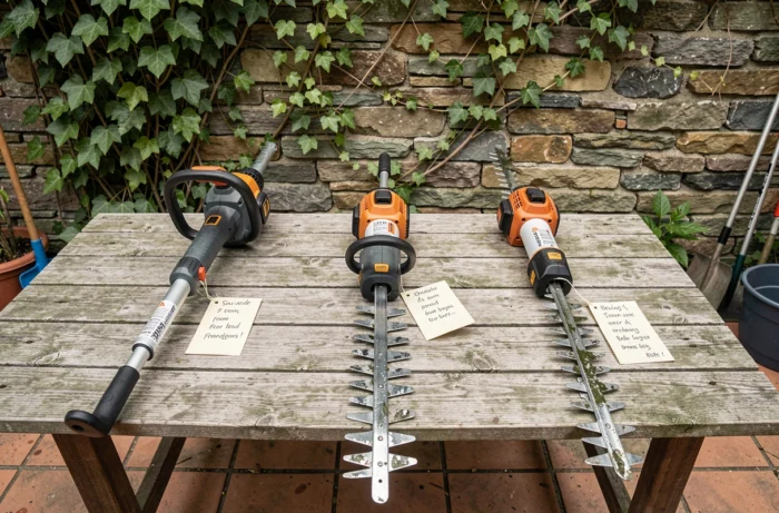 Comparaison de trois modèles de taille-haie télescopique posés sur un établi en bois dans un jardin