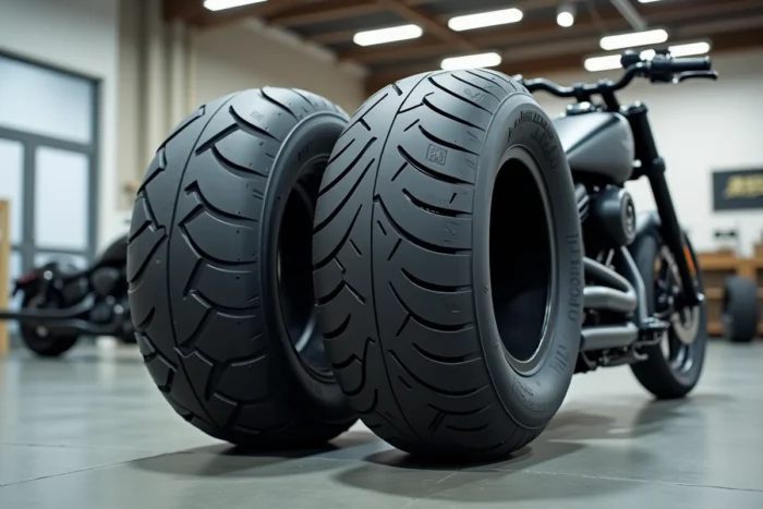 Comparaison de deux pneus moto custom exposés dans une salle de showroom avec chopper en arrière-plan