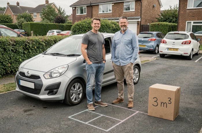 Couple en extérieur comparant la taille d'un cube de 3 mètres cubes tracé à la craie à côté d'une voiture compacte dans une allée résidentielle
