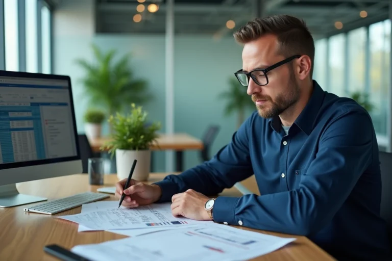 Comptable masculin analysant des relevés bancaires et un grand livre sur un bureau en bois moderne en entreprise