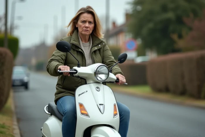 Femme assise sur un scooter blanc exprimant une frustration lors d'un problème d'accélération en zone périurbaine