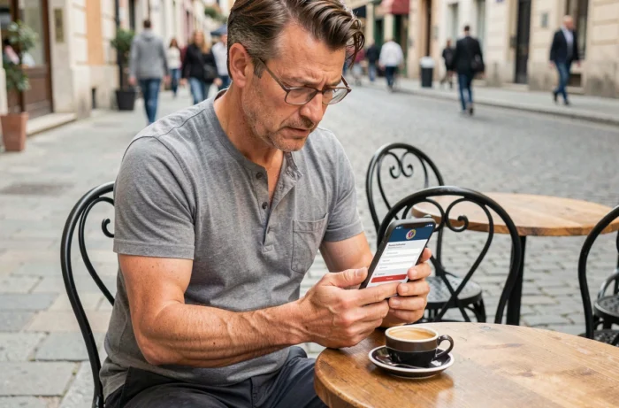 Homme en déplacement se connectant à l'application Footclub FFF depuis une terrasse de café en ville