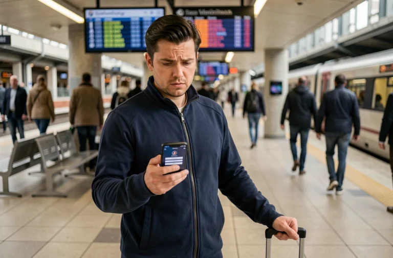 Homme sur un quai de gare consultant l'application Footclub FFF sur son smartphone lors d'un déplacement