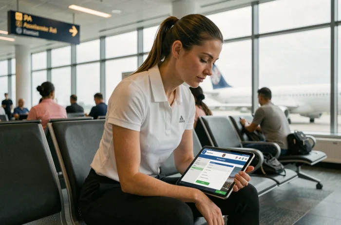 Femme en tenue sportive utilisant une tablette pour se connecter à Footclub FFF dans un aéroport