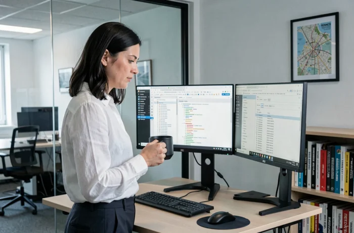 Consultante SEO analysant un audit technique de site web dans les locaux de l'agence à Rennes